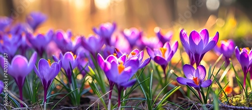 A variety of purple flowers, such as irises and violets, are blooming amidst the green grass, showcasing nature's beauty with their vibrant petals.