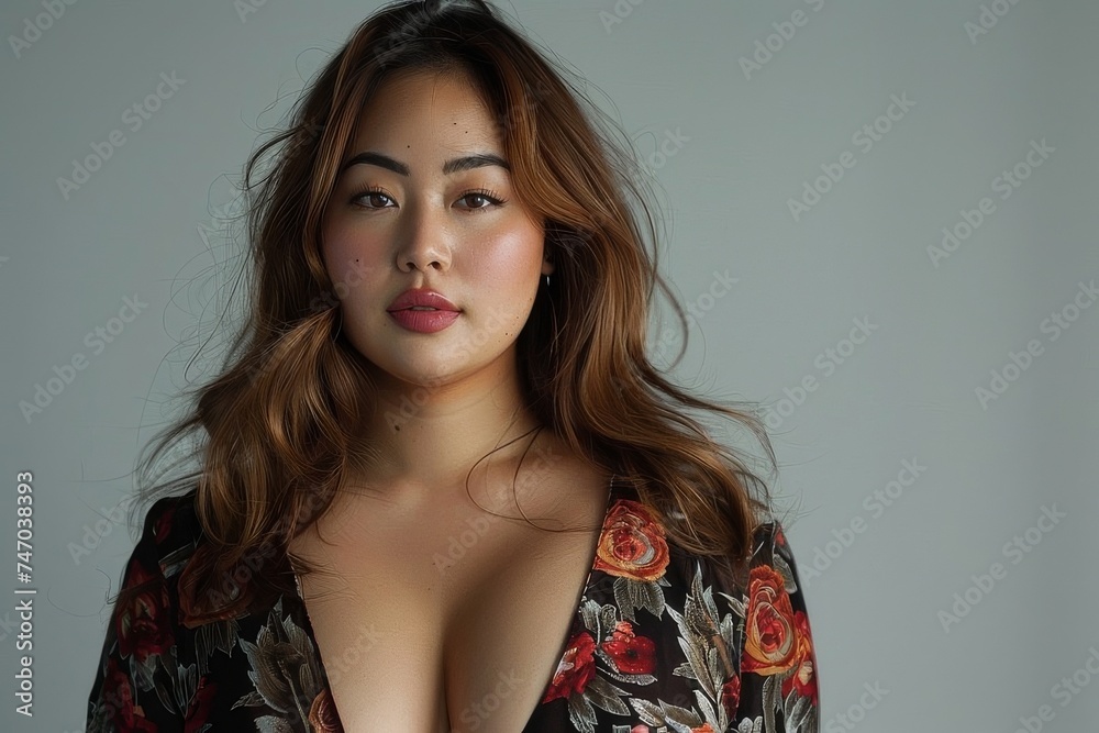 Woman with plunging neckline in floral dress at event Woman with plunging neckline in floral dress at event