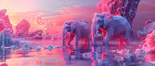 Elephants in Mystical Magenta Sunset Landscape © INsprThDesign