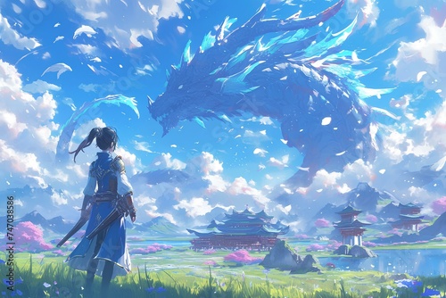 A boy warrior looking at the blue dragon soaring above the ancient temple in the orient. beautiful fantasy anime scene. animation style concept art illustration. generative AI