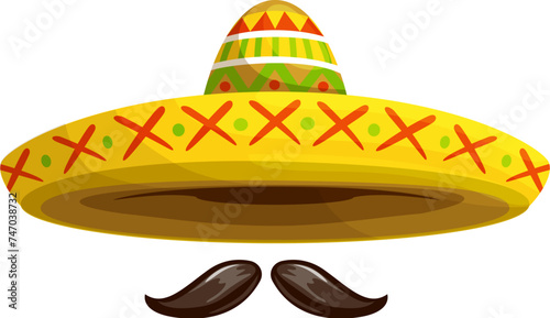 Mexican sombrero paired with mustaches, isolated cartoon vector hat adorned with vibrant colors and intricate patterns, symbolizes Latin culture, festive spirit and lively traditions of country