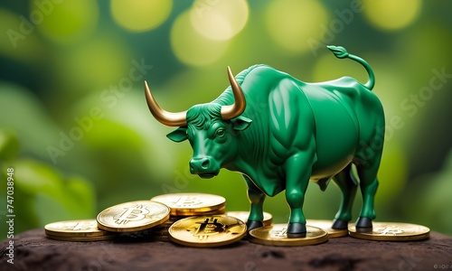 The green bull  a symbol of market optimism  stands with Bitcoin on a natural backdrop  suggesting a harmonious blend of technology and environment in the growth of cryptocurrency. AI Generative