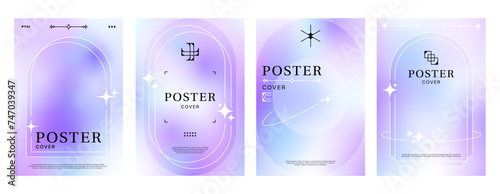 Gradient y2k poster background with abstract shapes. Modern, aesthetic and trendy vector templates with minimal fluid style designs, holographic purple colors, geometric figures, lines and elements