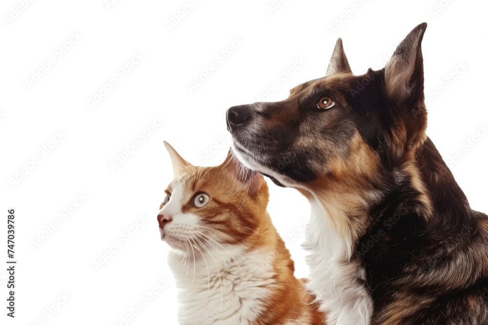 Portrait of Happy dog and cat that looking at the camera together isolated on transparent background, friendship between dog and cat, amazing friendliness of the pets.