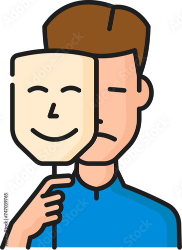 Imposter syndrome psychological disorder problem, mental health icon, portrays a person wearing mask, symbolizing the feeling of inadequacy and self-doubt despite external success, vector linear sign