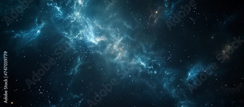 A stunning computer-generated image of an astronomical object in deep space resembling a galaxy, with electric blue clouds floating in a sky-like midnight backdrop.