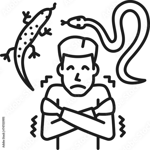 Human herpetophobia phobia icon, mental health. Fear of reptiles, people psychology problem line vector icon. Mental disorder outline pictogram or sign with man scared snake and lizard