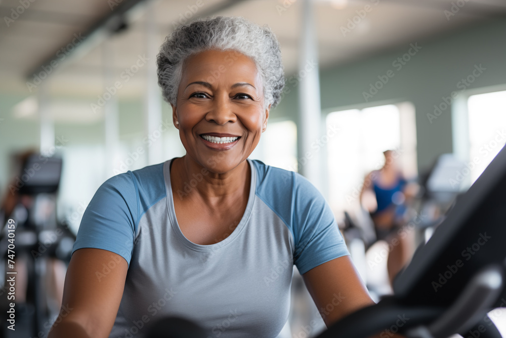 Elderly African American woman engaged in sports, gym fitness for seniors, healthy aging, active lifestyle Elderly African American woman engaged in sports, gym fitness for seniors, healthy aging, active lifestyle