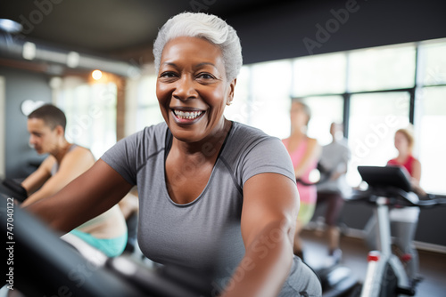 Elderly African American woman engaged in sports  gym fitness for seniors  healthy aging  active lifestyle