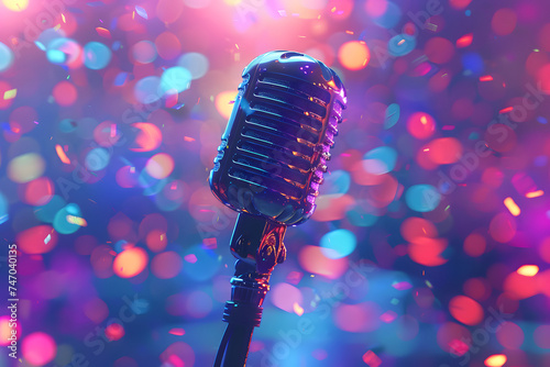 Microphone on stage close-up. Karaoke, night club, bar. Music concert. Microphone over colorful lights background