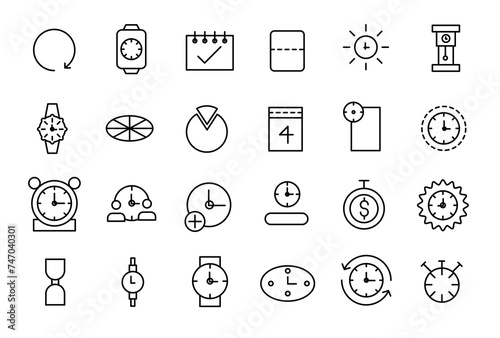 Time and Clock linear icons set. Date and Time, Timer, watch, speed, calendar, alarm clock Editable stroke.