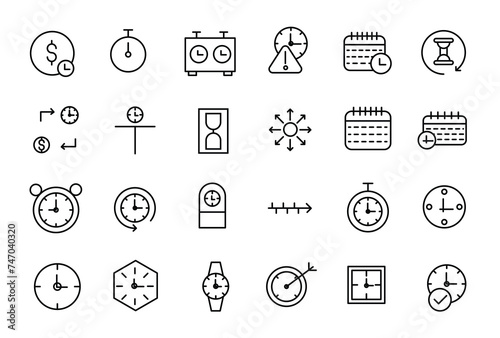 Time and Clock linear icons set. Date and Time, Timer, watch, speed, calendar, alarm clock Editable stroke.
