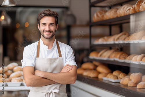 Portrait of a male baker standing confidently in his urban bakery, embodying the spirit of small business success in the city.