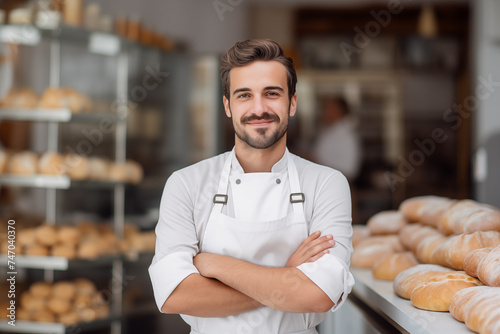 Portrait of a male baker standing confidently in his urban bakery, embodying the spirit of small business success in the city.