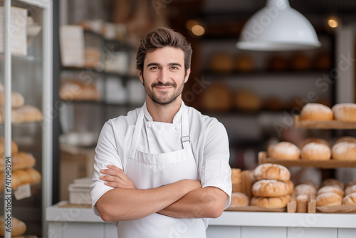 Portrait of a male baker standing confidently in his urban bakery, embodying the spirit of small business success in the city.