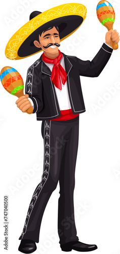 Mexican Cinco de mayo holiday Mariachi musician character. Vector charro personage in traditional attire plays maracas infusing lively rhythm and spirited energy into enchanting melodies of folk music