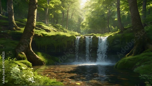 green forest with little waterfall, ultraa realistic, sunny day
