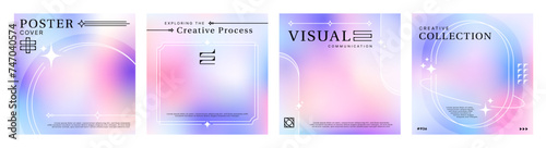 Aesthetic y2k gradient poster background with abstract shapes. Modern and trendy set of vector templates with fluid gradients. Minimal style designs with geometric figures, lines, and graphic elements