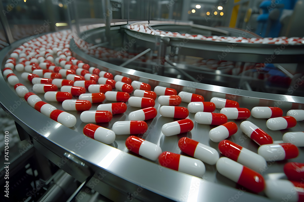 Conveyor belt transports red and white capsules for audio equipment assembly Conveyor belt transports red and white capsules for audio equipment assembly
