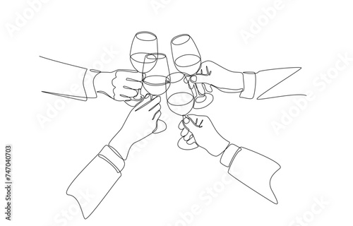 Continuous one line drawing of hands of businesspeople clinking glasses of wine, business meeting or social gathering concept, single line art.