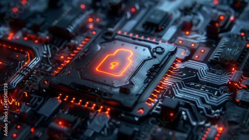 Lock icon on a futuristic neuro plastic circuit board. Concept of data, cyber, digital, network and information security.