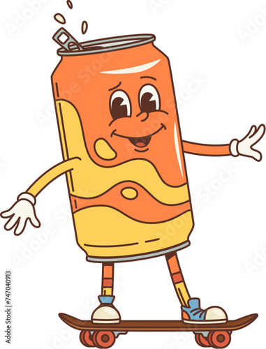 Cartoon juice drink can groovy character. Isolated vector vibrant, animated retro aluminum bottle personage with splash and a tie-dye pattern, rides a skateboard with funky flair and a cheerful smile
