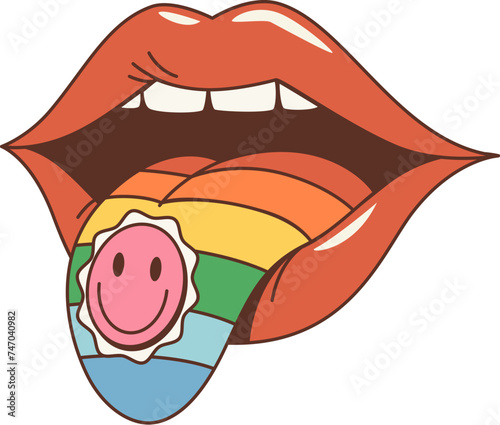 Cartoon groovy woman mouth with tongue and drug stamp. Isolated vector lips reveal a protruding rainbow tongue, adorned with a small, vividly designed smile blotter, hinting at psychedelic experiences