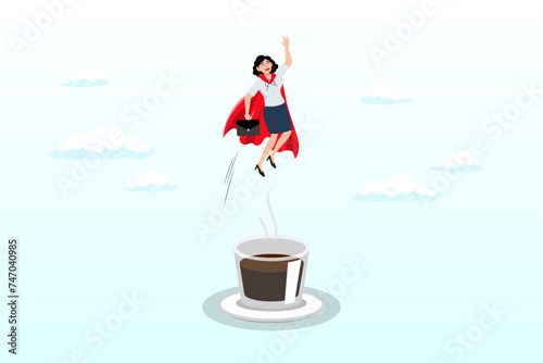 Businesswoman super heroine flying from mug of coffee, coffee break to refresh or boost energy, morning routine to help focus and boost productivity, relax or awaken with tea break (Vector)