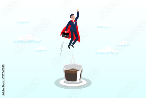 Businessman superhero flying from mug of coffee, coffee break to refresh or boost energy, morning routine to help focus and boost productivity, relax or awaken with tea break (Vector)