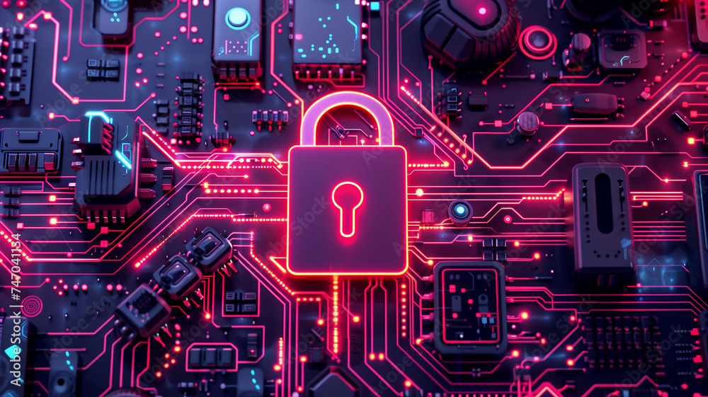 Lock icon on a futuristic neuro plastic circuit board. Concept of data, cyber, digital, network and information security. Lock icon on a futuristic neuro plastic circuit board. Concept of data, cyber, digital, network and information security.