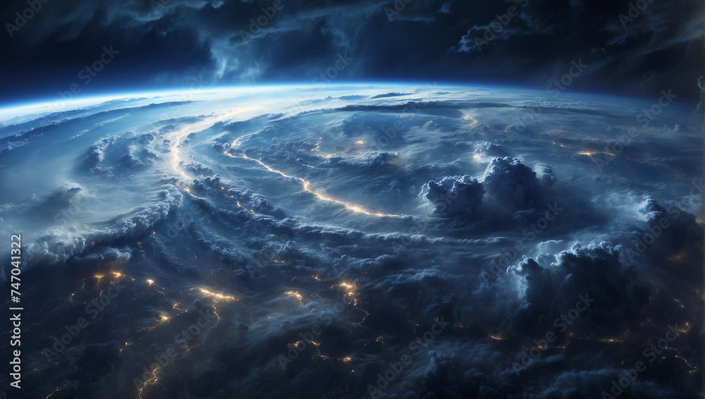 Fototapeta premium Thunderstorms dark sky seen from space