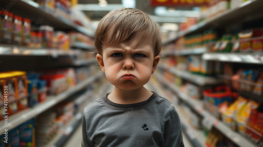 portrait of angry toddler in a supermarket, 