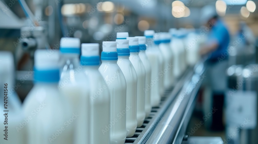 Liquid milk bottles moving on conveyor belt in factory Liquid milk bottles moving on conveyor belt in factory