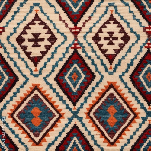 Close up of a brown and azure native american patterned rug on wood flooring