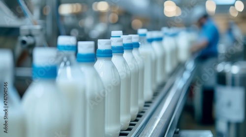 Liquid milk bottles moving on conveyor belt in factory