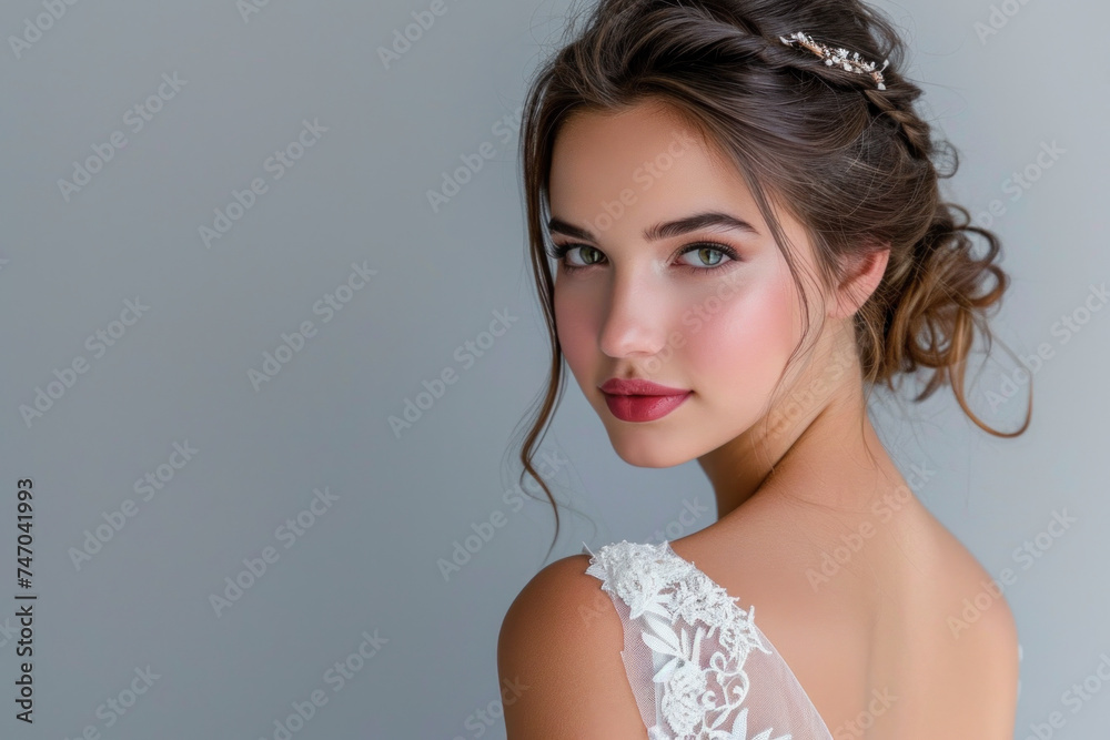 Elegant bride in lace wedding dress and delicate hair accessory. Bridal beauty and fashion. Elegant bride in lace wedding dress and delicate hair accessory. Bridal beauty and fashion.