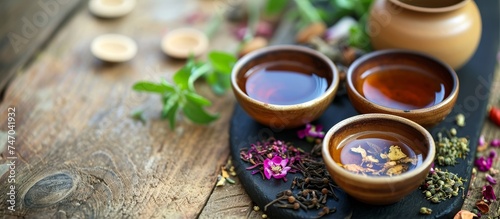 Three cups of tea rest on a rustic wooden table, amidst the earthy scents of plant-filled pottery and the green grass outside.