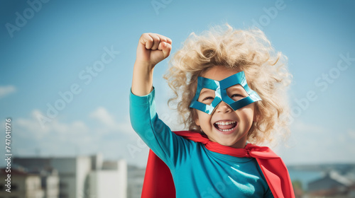little superhero girl throws up his fists and rejoices in his success
