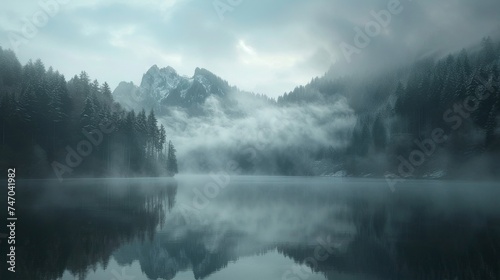 Water lake surrounded by forest, with mountains in the background © Nadzeya