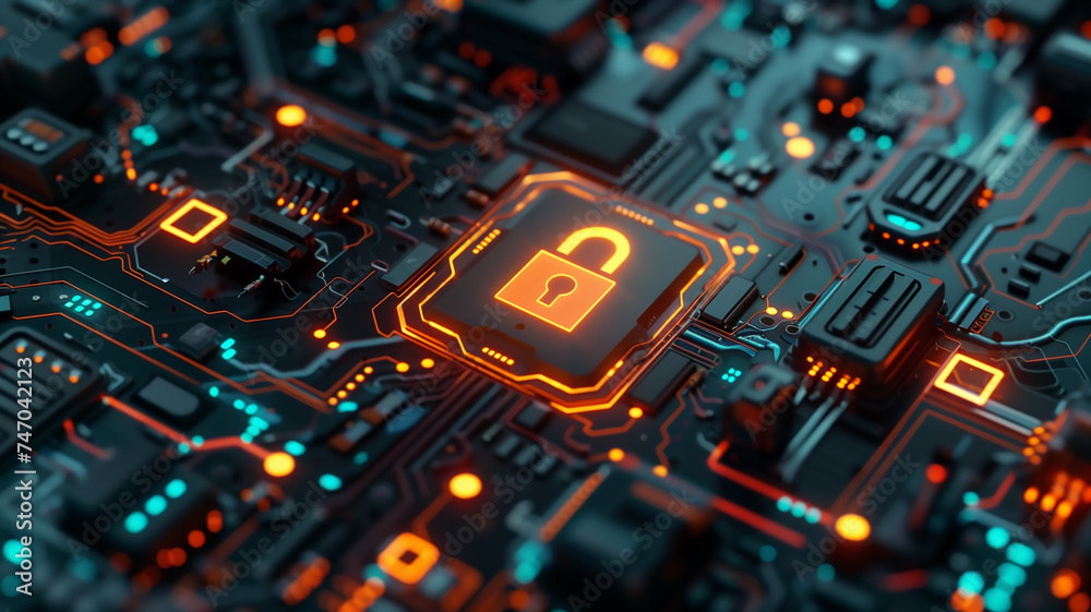 Lock icon on a futuristic neuro plastic circuit board. Concept of data, cyber, digital, network and information security. Lock icon on a futuristic neuro plastic circuit board. Concept of data, cyber, digital, network and information security.