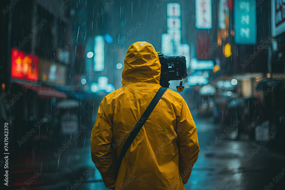 Smiling reporter holding microphone on city street Filming Sunset Street with a video camera Smiling reporter holding microphone on city street Filming Sunset Street with a video camera