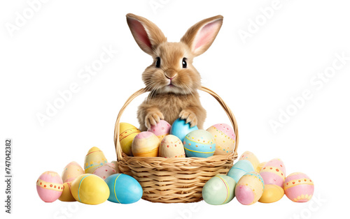 Cute Easter Bunny with Filled Basket Isolated on Transparent Background PNG.