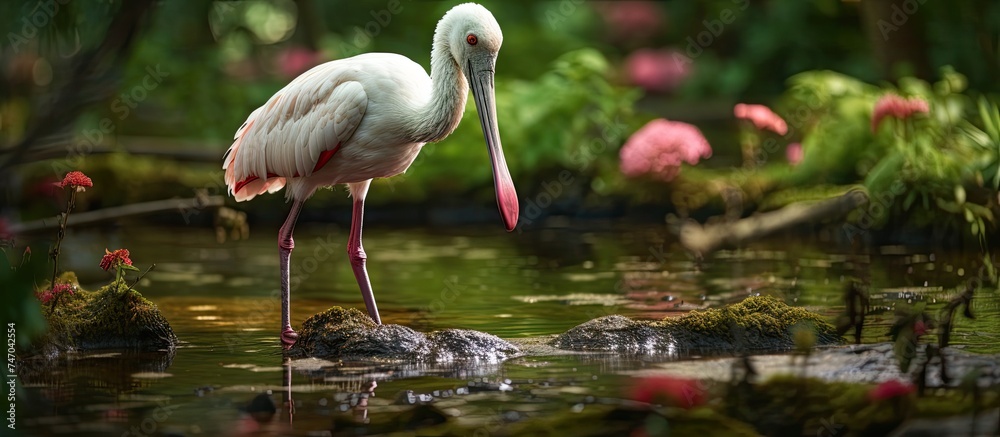 Obraz premium A white African spoonbill bird with a long beak is standing in the water at the waters edge in Merseyside, England. The bird is surrounded by vibrant green scenery.