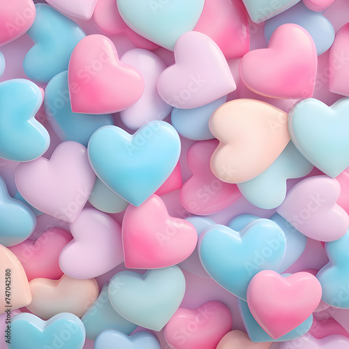 A stack of candycolored hearts on aqua background with electric blue font photo