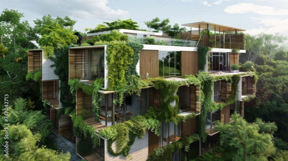 Eco-Architecture Excellence: Modern Sustainable Building Veiled in Greenery, Embracing Low Carbon Footprint Living. Harmonious Blend of Nature and Design, Showcasing Green Living