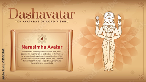 Narasimha Avatar-Unveiling Vishnu's Man-Lion Incarnation-A Vintage Infographic Journey Through the Ten Avatars of Dashavatara