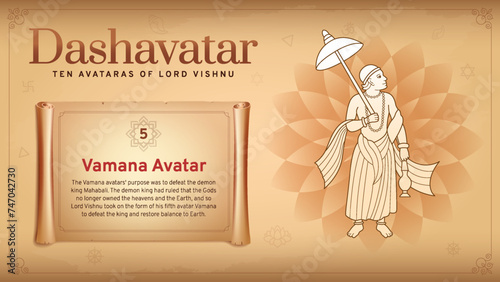 Vamana Avatar-Unveiling Vishnu's Dwarf Incarnation-A Vintage Infographic Journey Through the Ten Avatars of Dashavatara