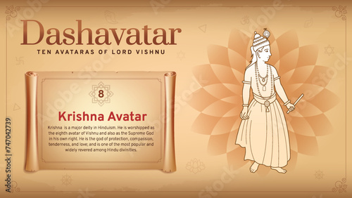 Krishna Avatar-Unveiling Vishnu's Divine Cowherd Incarnation-A Vintage Infographic Journey Through the Ten Avatars of Dashavatara
