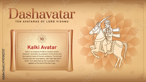 Kalki Avatar-Unveiling Vishnu's Future Savior Incarnation-A Vintage Infographic Journey Through the Ten Avatars of Dashavatara photo