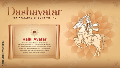 Kalki Avatar-Unveiling Vishnu's Future Savior Incarnation-A Vintage Infographic Journey Through the Ten Avatars of Dashavatara